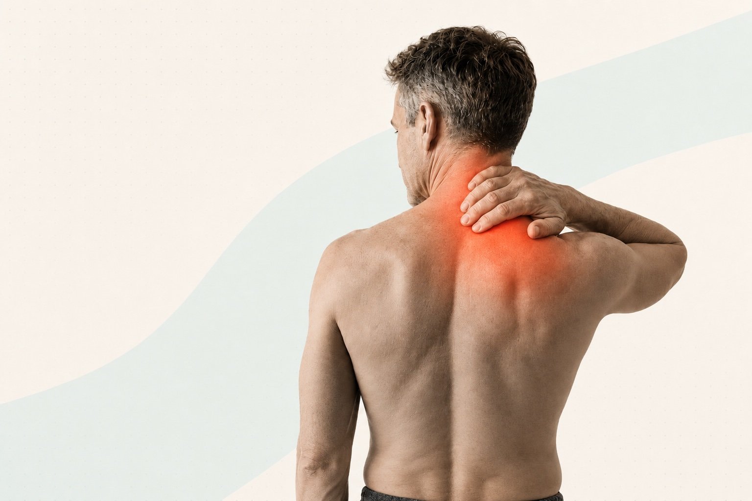 Osteopathy patient indicating neck and shoulder discomfort, with contact and practitioner cards overlaid