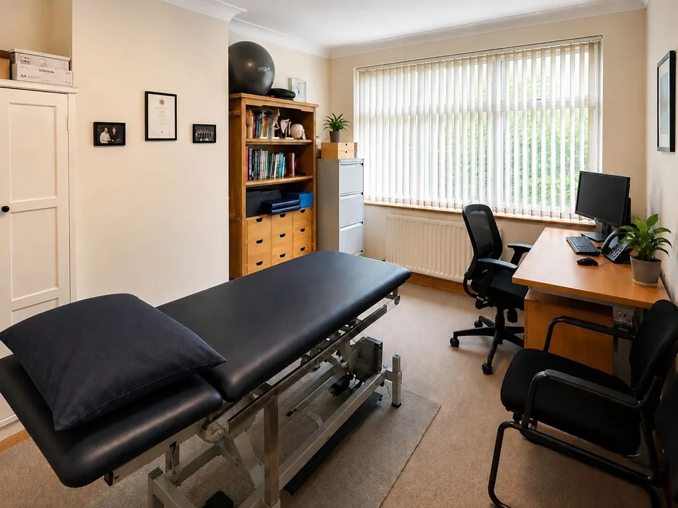 The treatment room at the VJ Barnes clinic, with the treatment couch, desk and anatomy models by the window