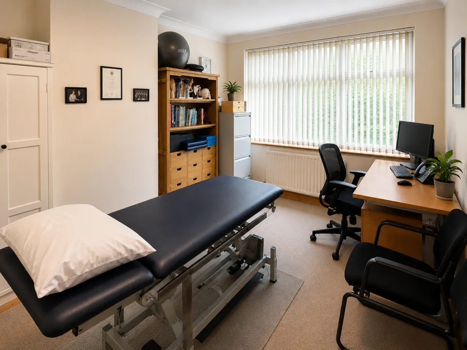 The treatment room, with the treatment couch, desk and anatomy models by the window