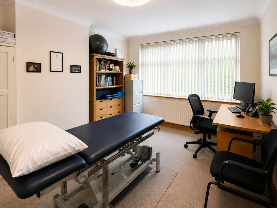 A wider view of the treatment room showing the couch, bookshelf and daylight from the window