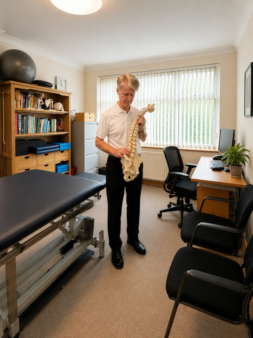 Vincent Barnes explaining spinal anatomy using a model of the spine and pelvis